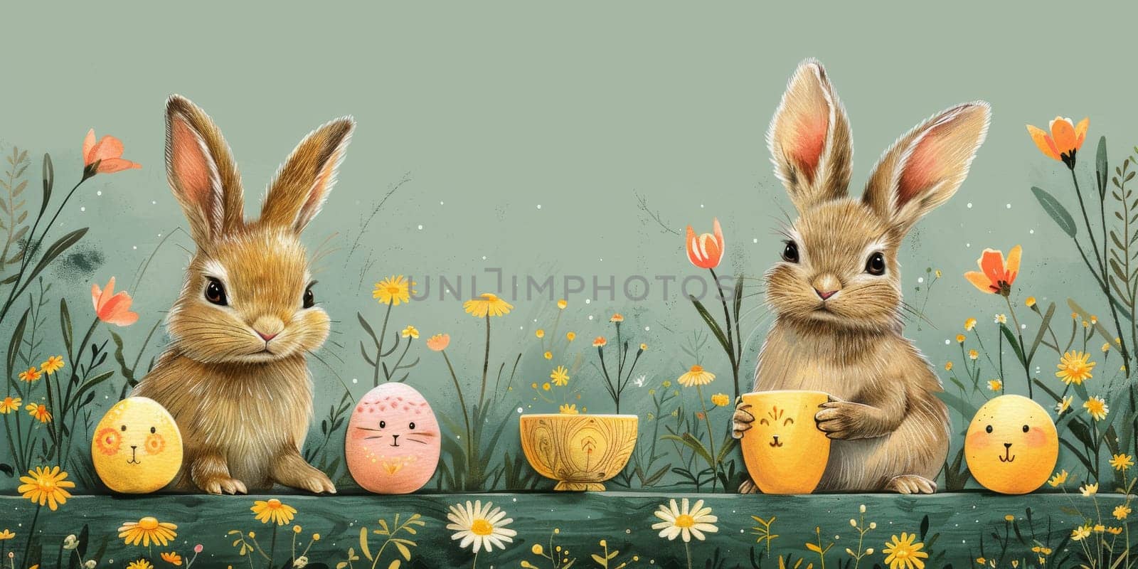 Little Easter bunny and Easter eggs on grass