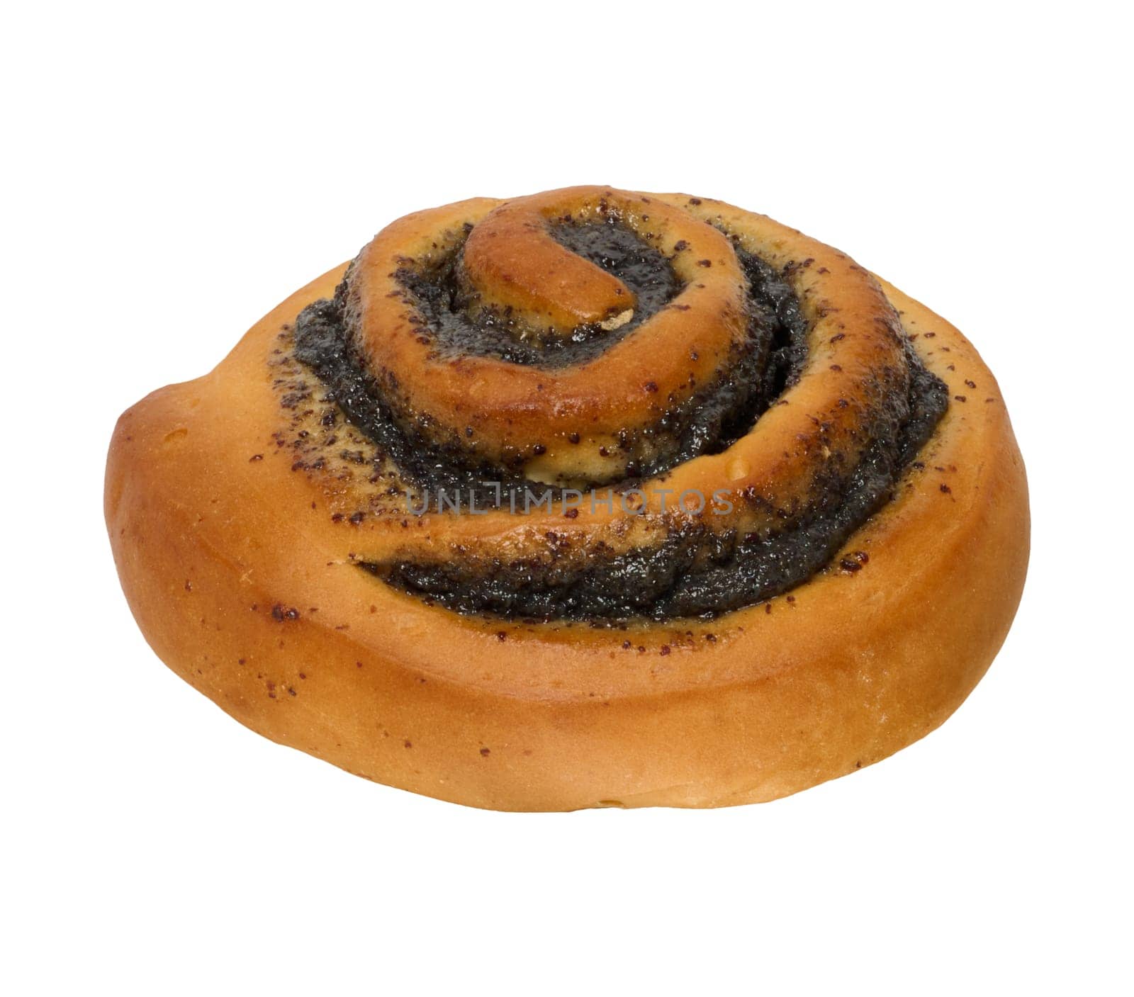 Round baked bun with poppy seeds on isolated background by ndanko