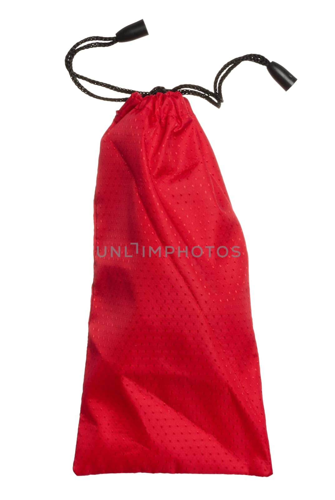 Red textile bag with black ropes on isolated background by ndanko