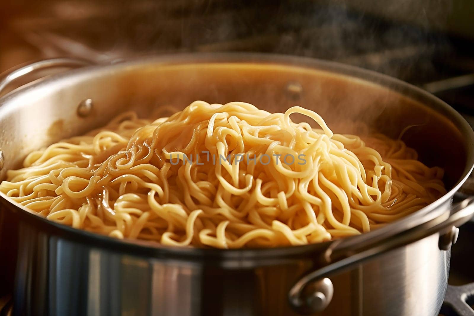 Steaming noodles cooking in a pot.