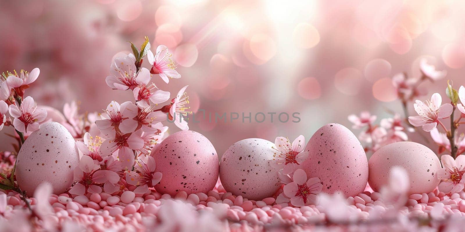 Happy Easter! Colorful Easter chocolate eggs with cherry blossoms flat lay background. Stylish tender spring template with space for text. Greeting card or banner. by Benzoix