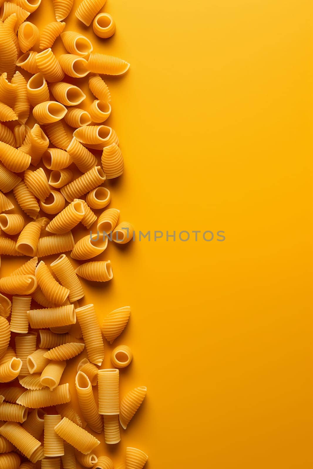 Various uncooked pasta pieces on a yellow background.