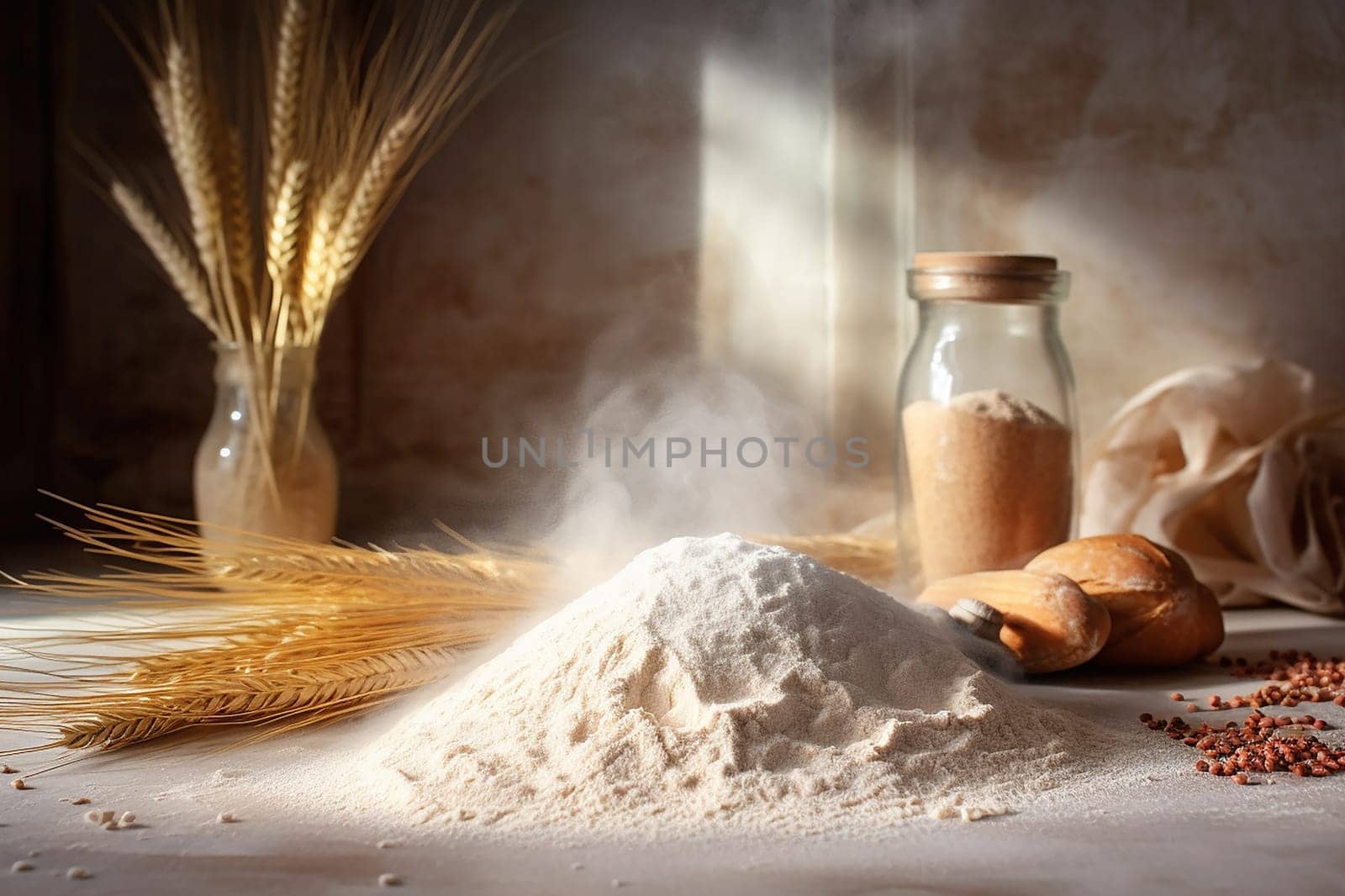 Still life of baking ingredients with sunlight.