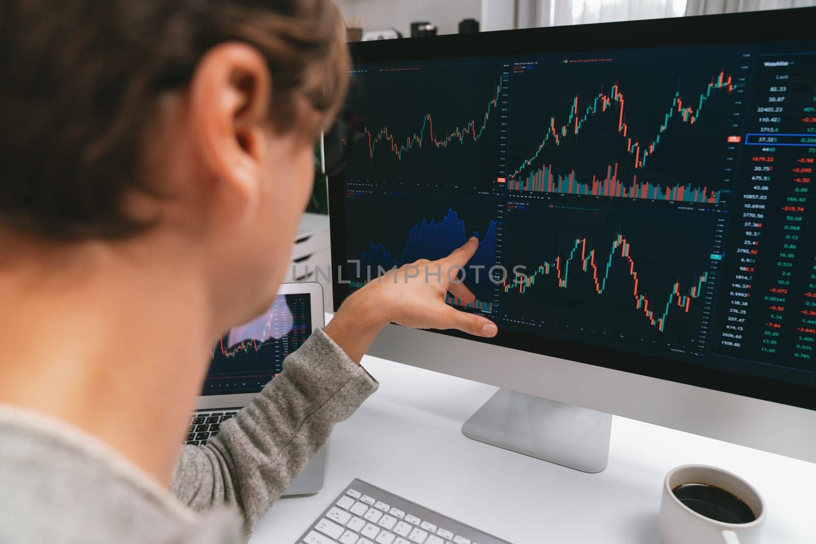 Smart stock investors pointing interesting market stock exchange on pc with laptop screen. Financial technology dynamic investment plan focusing data graph on monitor at modern workplace. Pecuniary.