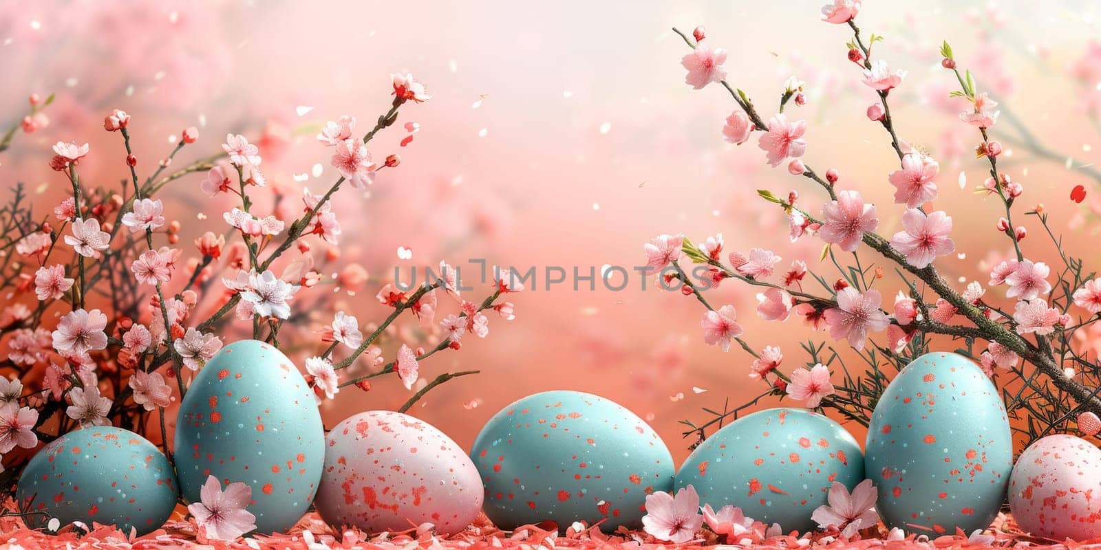 Happy Easter! Colorful Easter chocolate eggs with cherry blossoms flat lay background. Stylish tender spring template with space for text. Greeting card or banner. by Benzoix