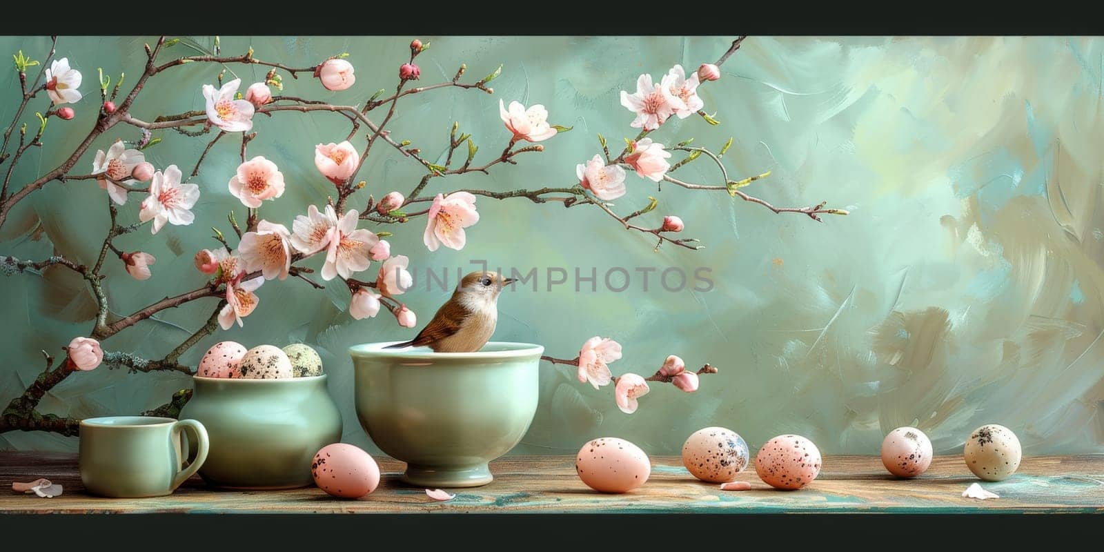 Happy Easter! Colorful Easter chocolate eggs with cherry blossoms flat lay background. Stylish tender spring template with space for text. Greeting card or banner. by Benzoix