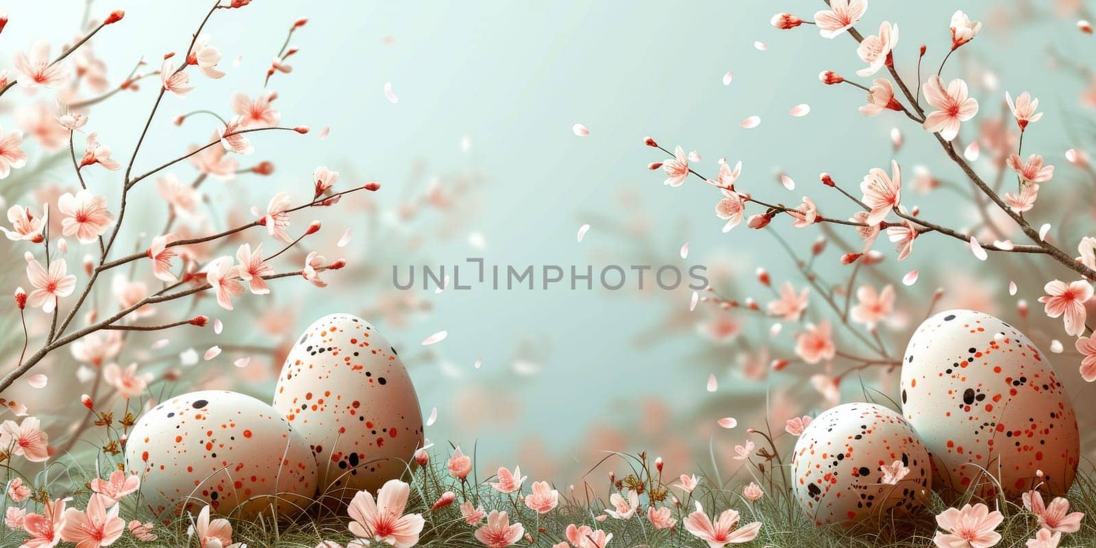Happy Easter! Colorful Easter chocolate eggs with cherry blossoms flat lay background. Stylish tender spring template with space for text. Greeting card or banner