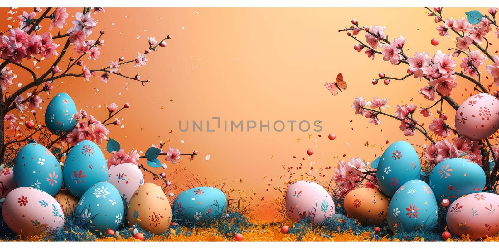 Happy Easter! Colorful Easter chocolate eggs with cherry blossoms flat lay background. Stylish tender spring template with space for text. Greeting card or banner. by Benzoix