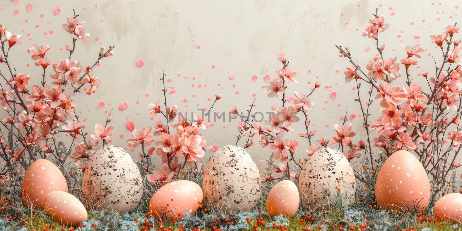 Happy Easter! Colorful Easter chocolate eggs with cherry blossoms flat lay background. Stylish tender spring template with space for text. Greeting card or banner. by Benzoix