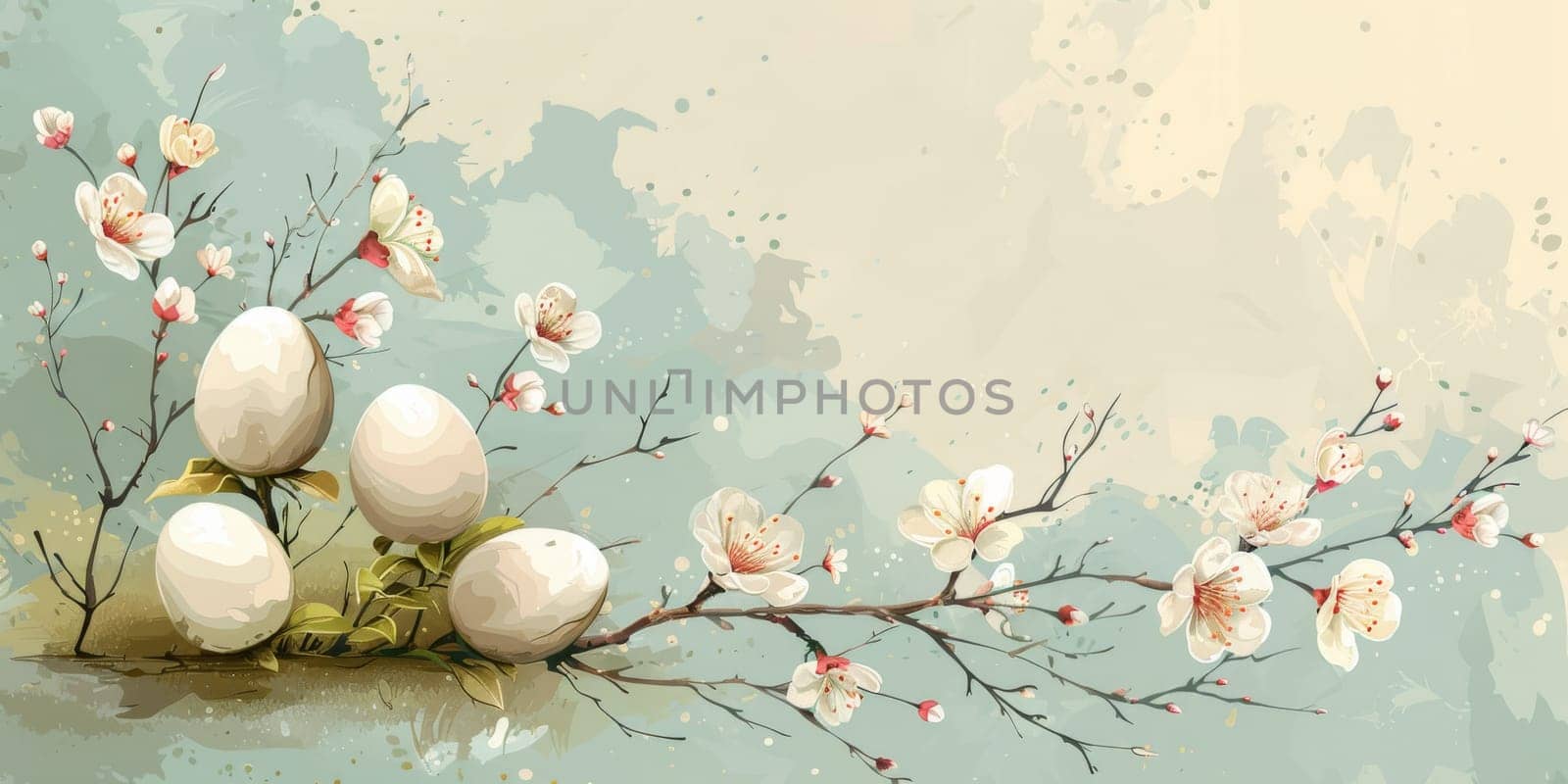 Happy Easter! Colorful Easter chocolate eggs with cherry blossoms flat lay background. Stylish tender spring template with space for text. Greeting card or banner. by Benzoix