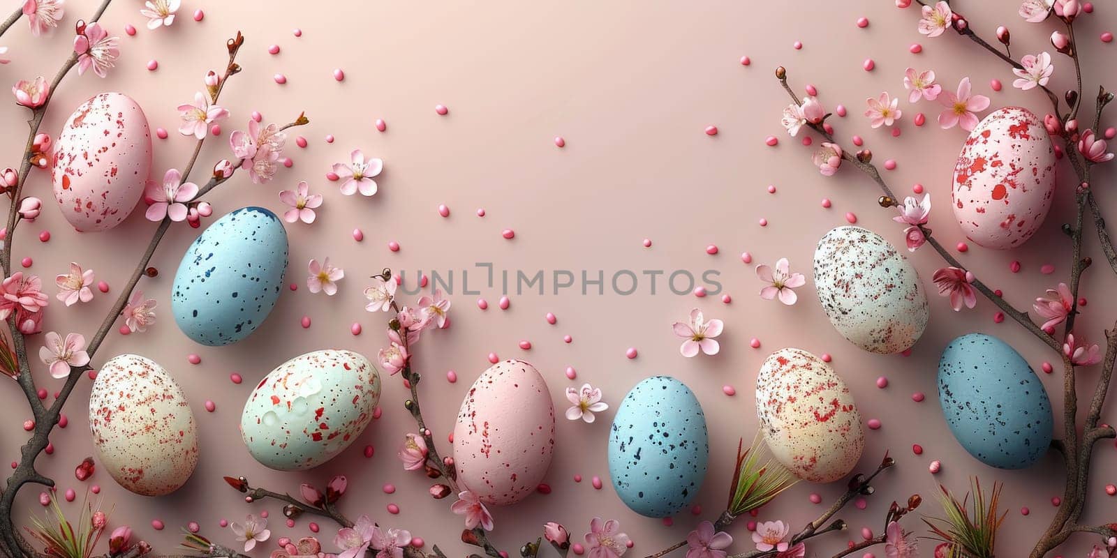 Happy Easter! Colorful Easter chocolate eggs with cherry blossoms flat lay background. Stylish tender spring template with space for text. Greeting card or banner