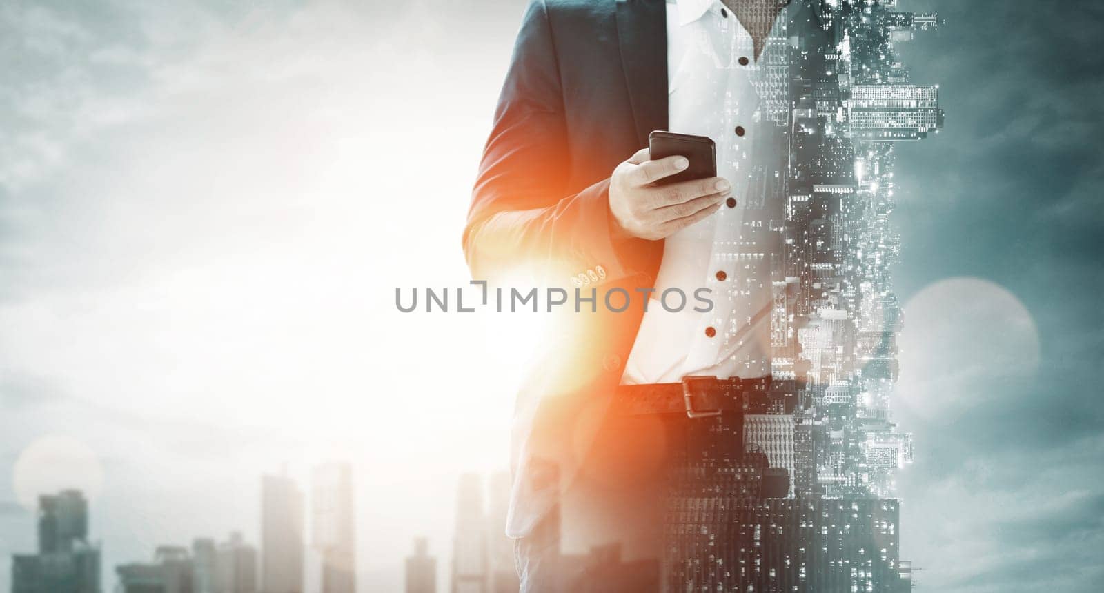 Double Exposure Image of Business Communication Network Technology Concept - Business people using smartphone or mobile phone device on modern cityscape background. uds