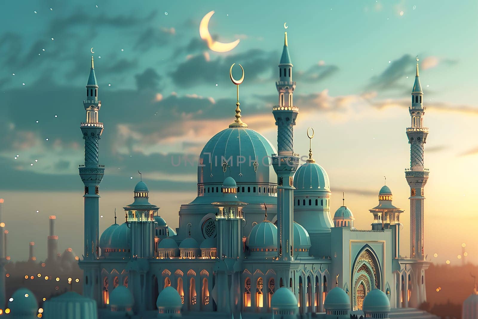 A mosque with a crescent moon on top, under a clear blue sky with fluffy clouds. The building showcases beautiful engineering and symmetry in the city