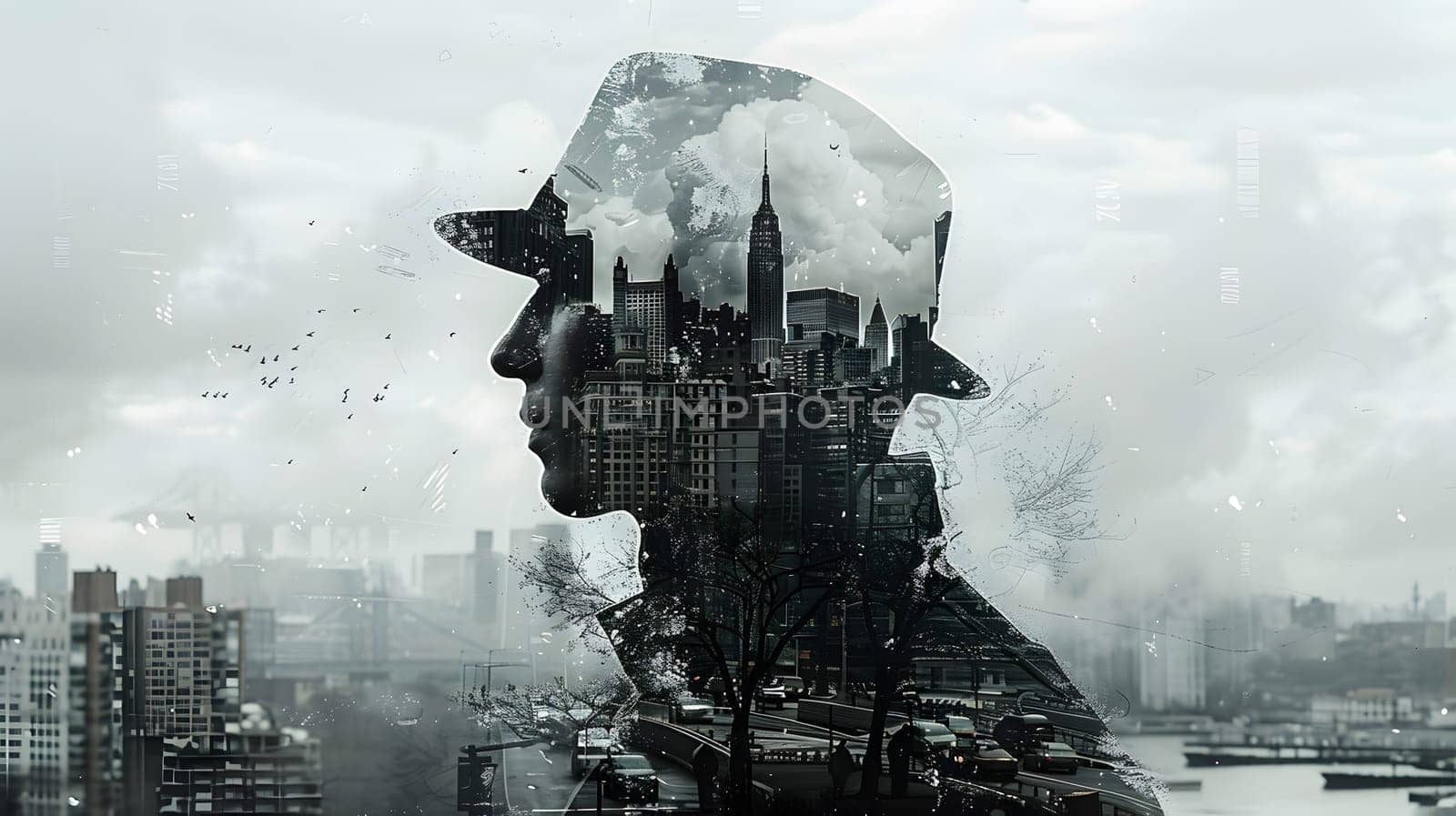 Double exposure of man in hat against city skyline by Nadtochiy