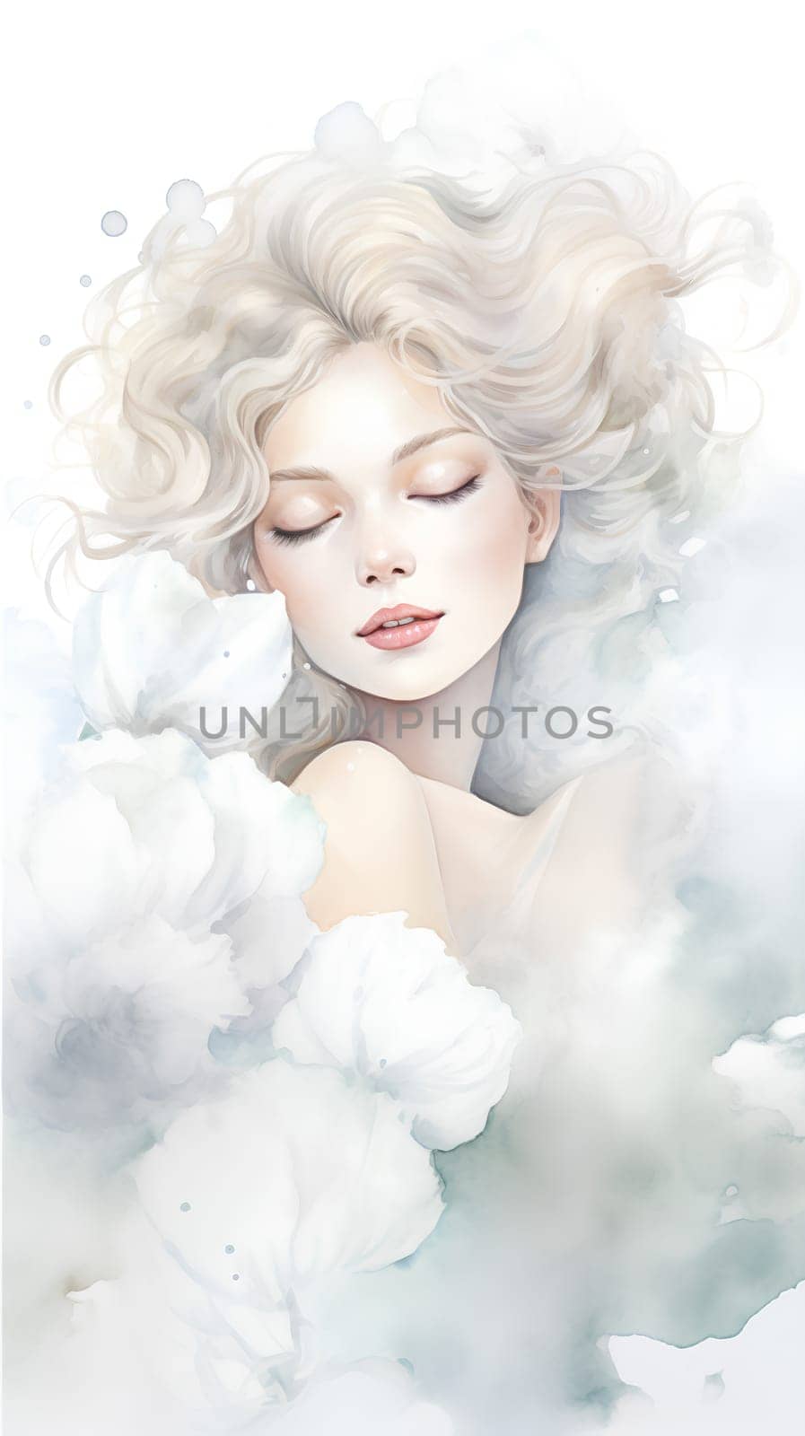 artistic portrait of a young woman, her visage enveloped in delicate floral blooms, evoking a serene and dreamy allure by chrisroll