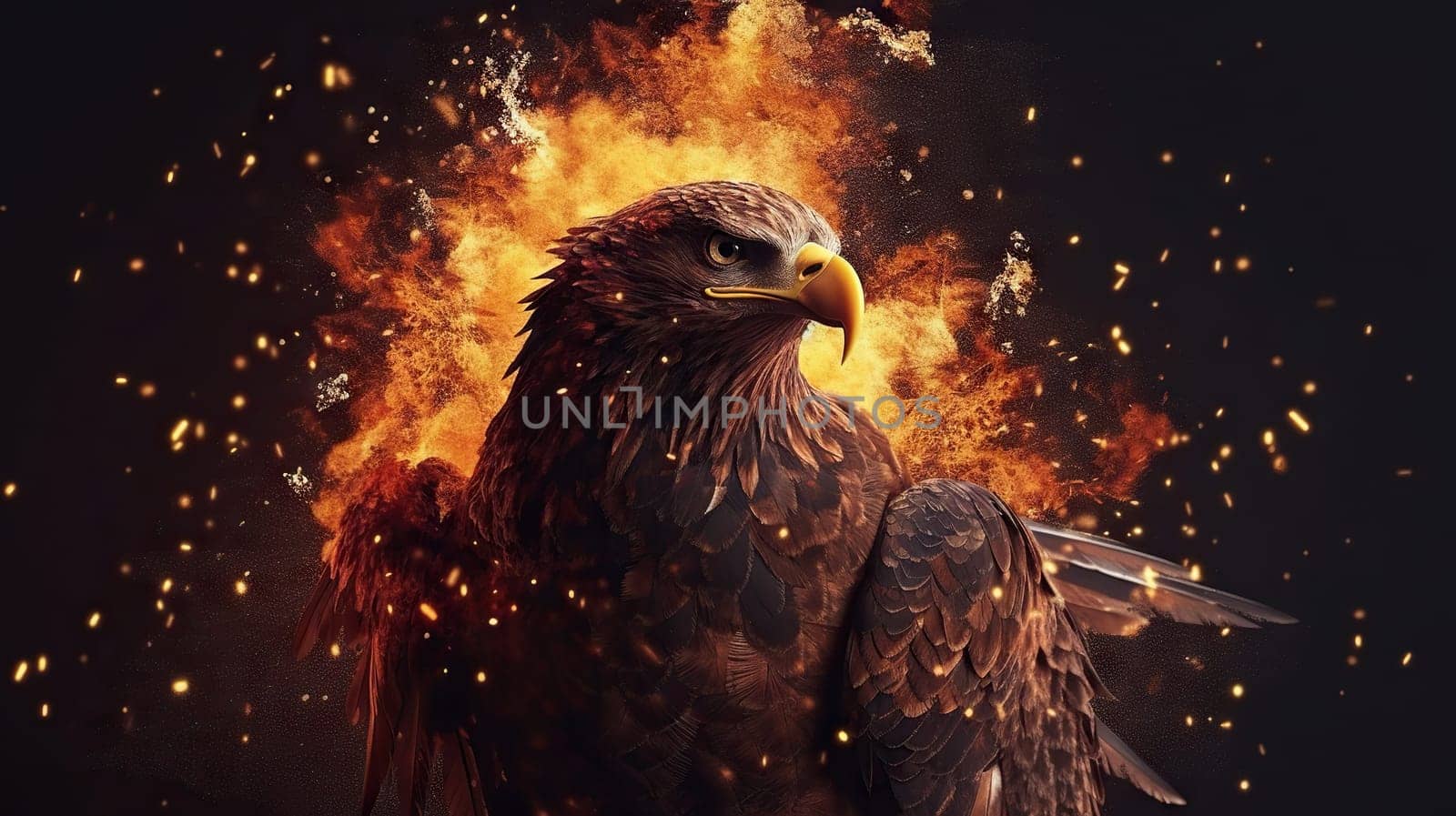 Digital artwork of an eagle with a backdrop of explosive fire and embers, symbolizing power and rebirth - Generative AI