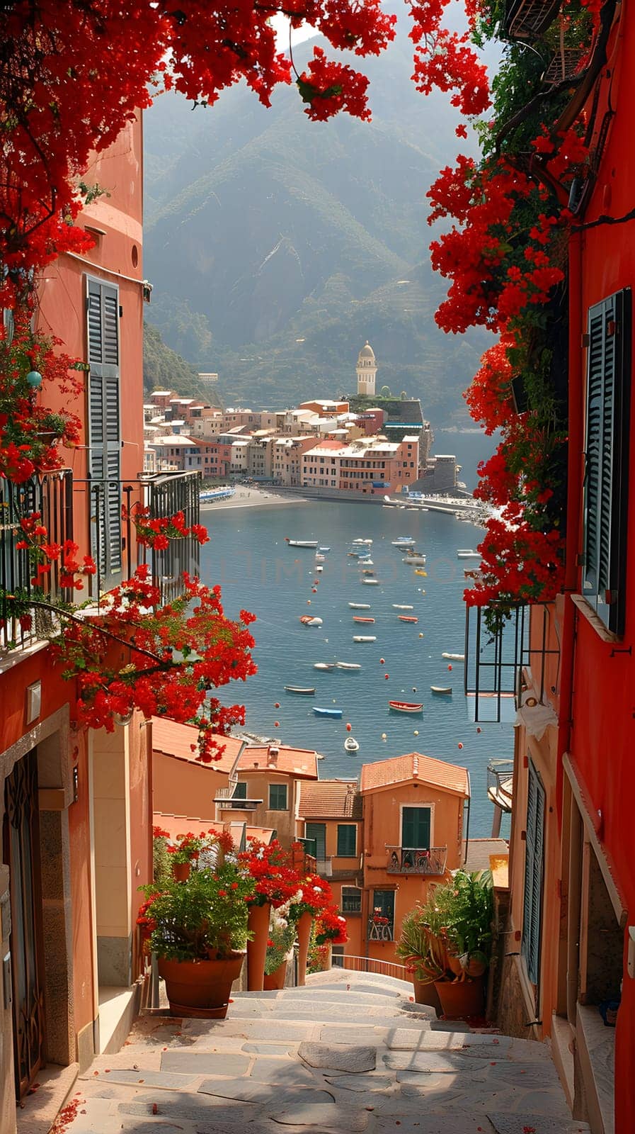 A charming narrow street in a picturesque neighborhood lined with red flowers and buildings, with boats gently floating in the water below on a peaceful morning in the city