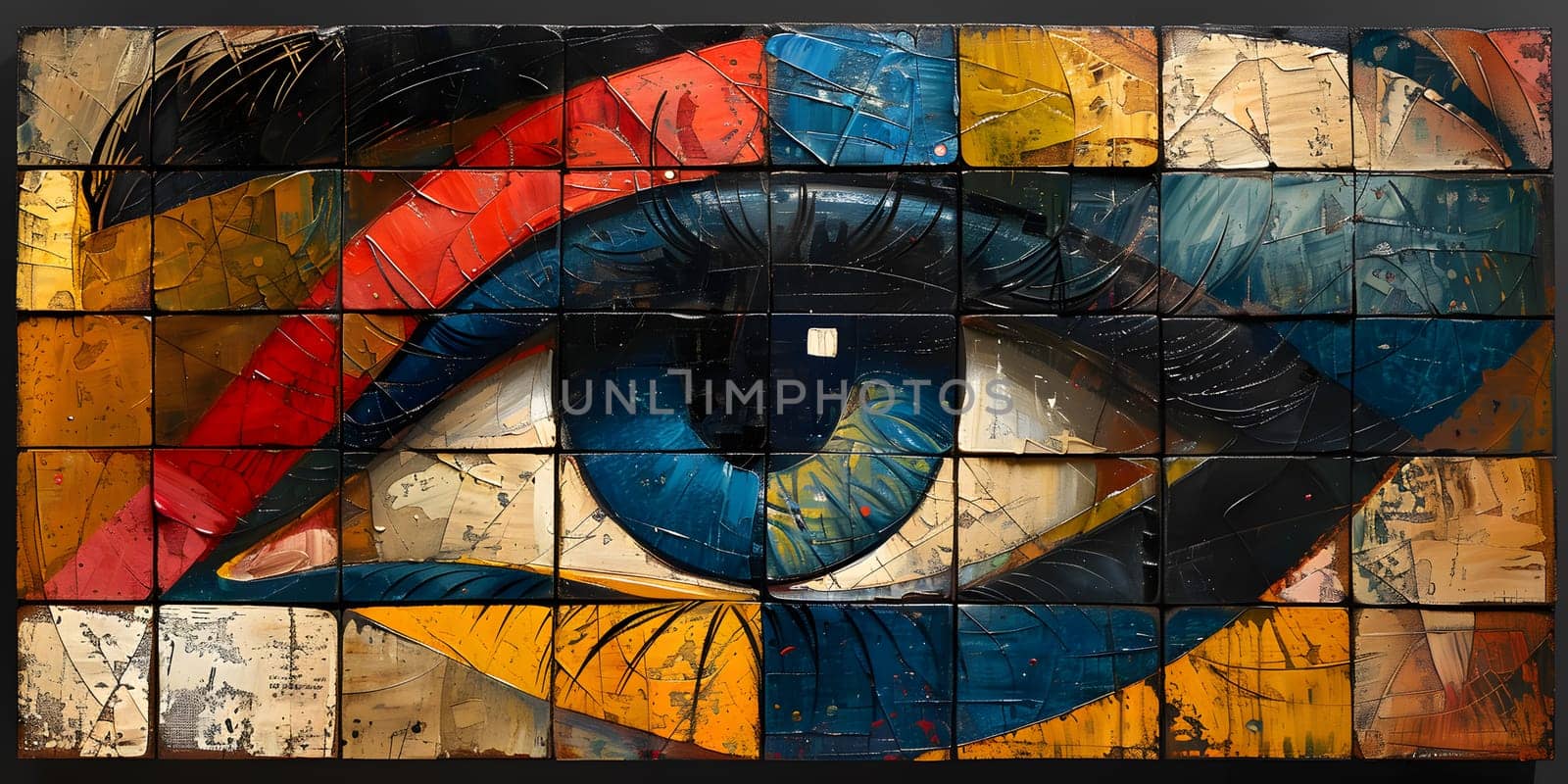 An electric blue circle surrounded by a pattern of glass facades, resembling a colorful painting of a womans eye. A blend of font and visual arts, akin to a logo at an art event