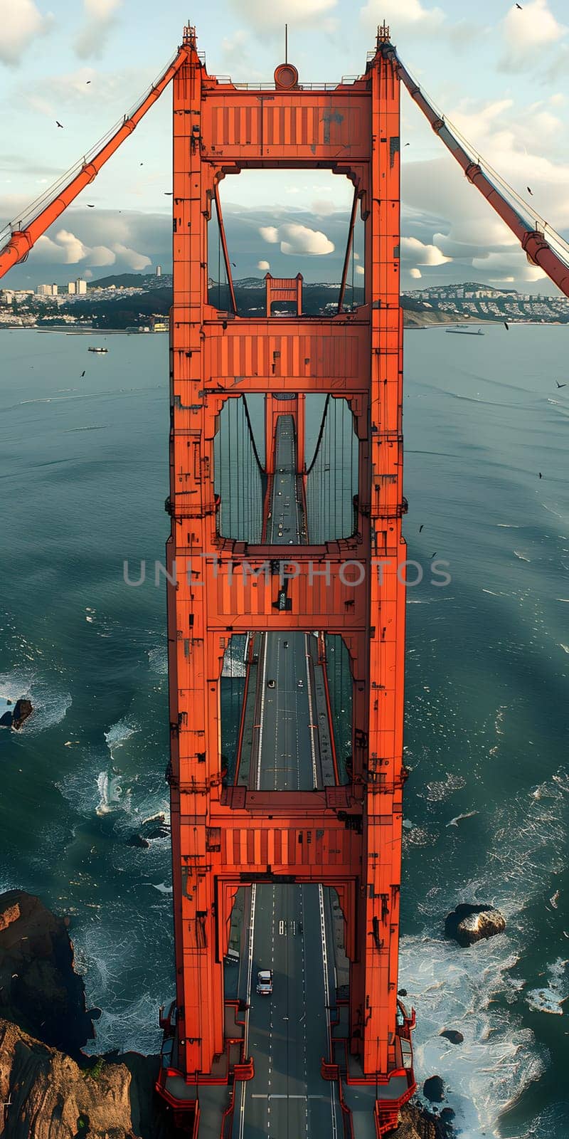 Aerial view of Golden Gate Bridge over water with vehicles by Nadtochiy