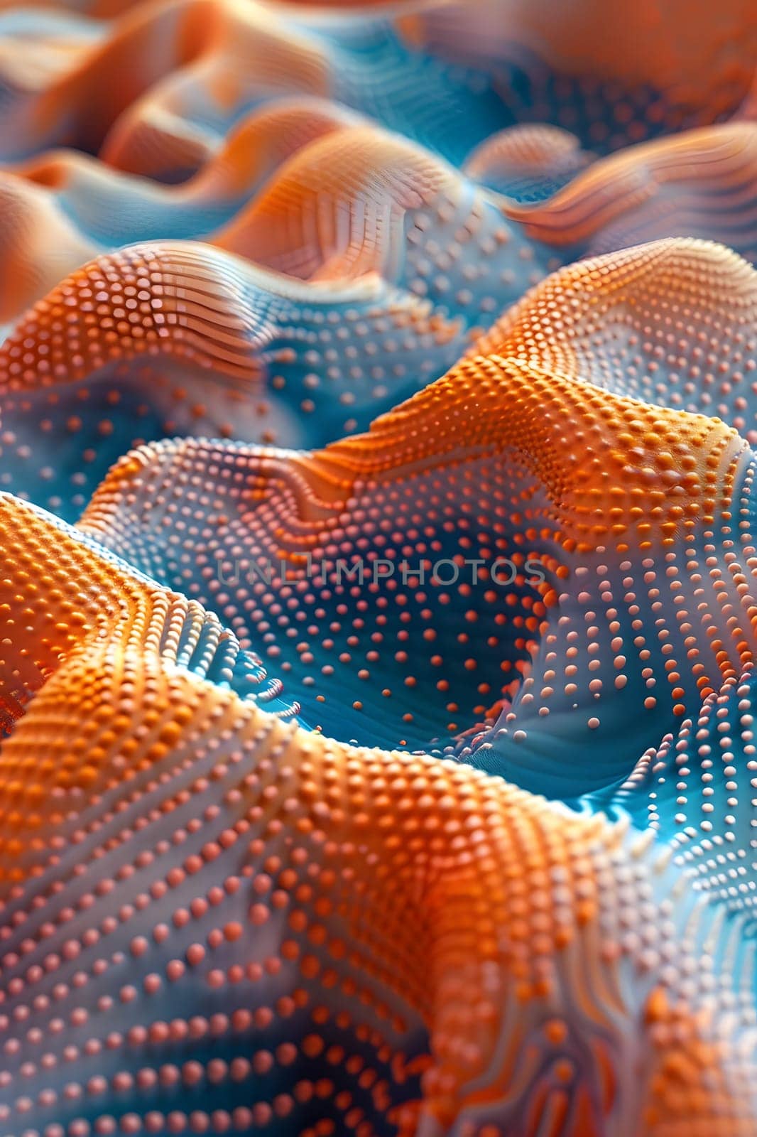 A closeup of an orange and electric blue wave pattern with dots, resembling an underwater organism. Captured with macro photography, the colors are reminiscent of peach and metal in marine biology