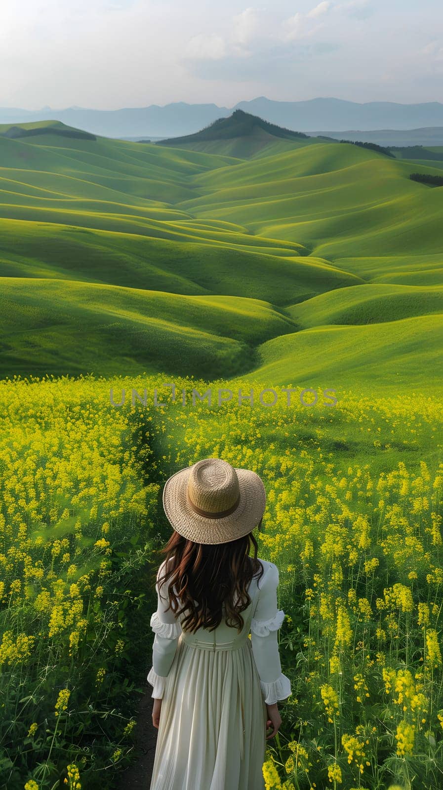A lady wearing a white dress and hat is happily standing in a field of yellow flowers, surrounded by the green natural landscape and grass