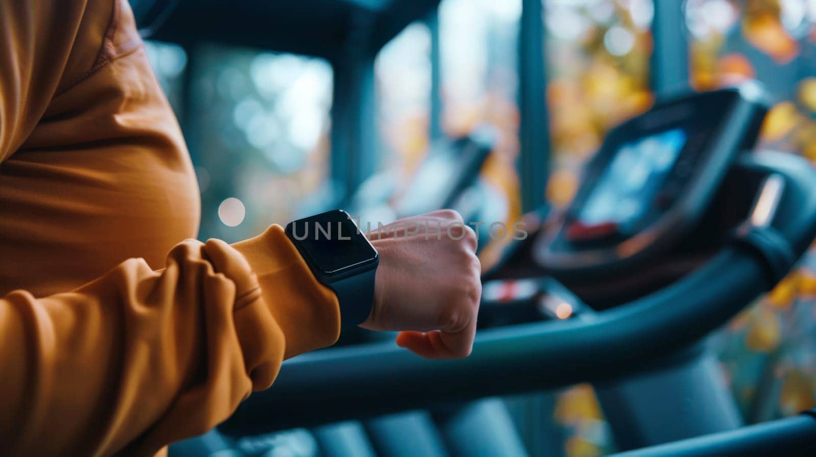 A person wearing a smart health tracker in gym, Fitness smartwatch in use, technology meets health.