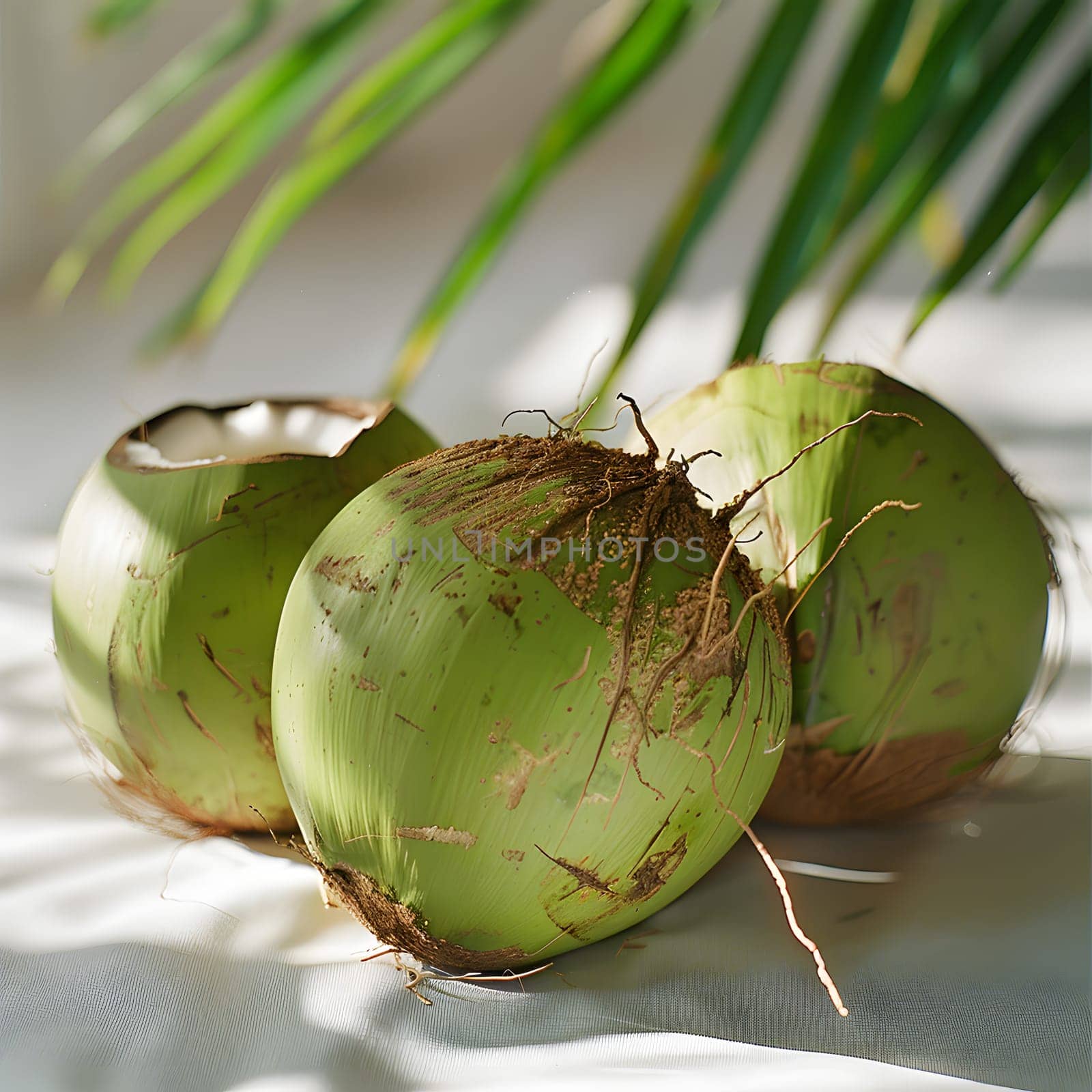 Three green coconuts displayed on a table with a palm tree in the background, showcasing the beauty of this terrestrial plant. Coconuts are versatile ingredients used in various natural foods