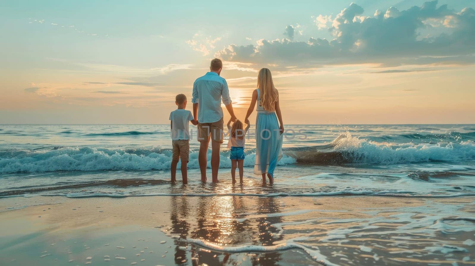 Happy family walking the beach. Rear view of parents with children at the beach on summer vacation.