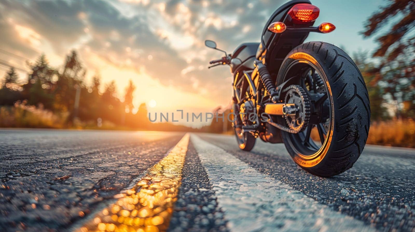 A motorcycle parking on the road side and sunset, select focusing background by nijieimu