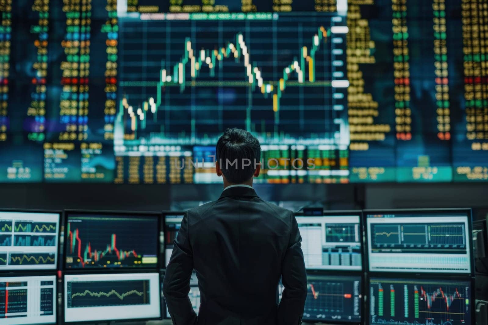 Businessman in suit view stock market graph growthing up on digital wall. Generative AI.