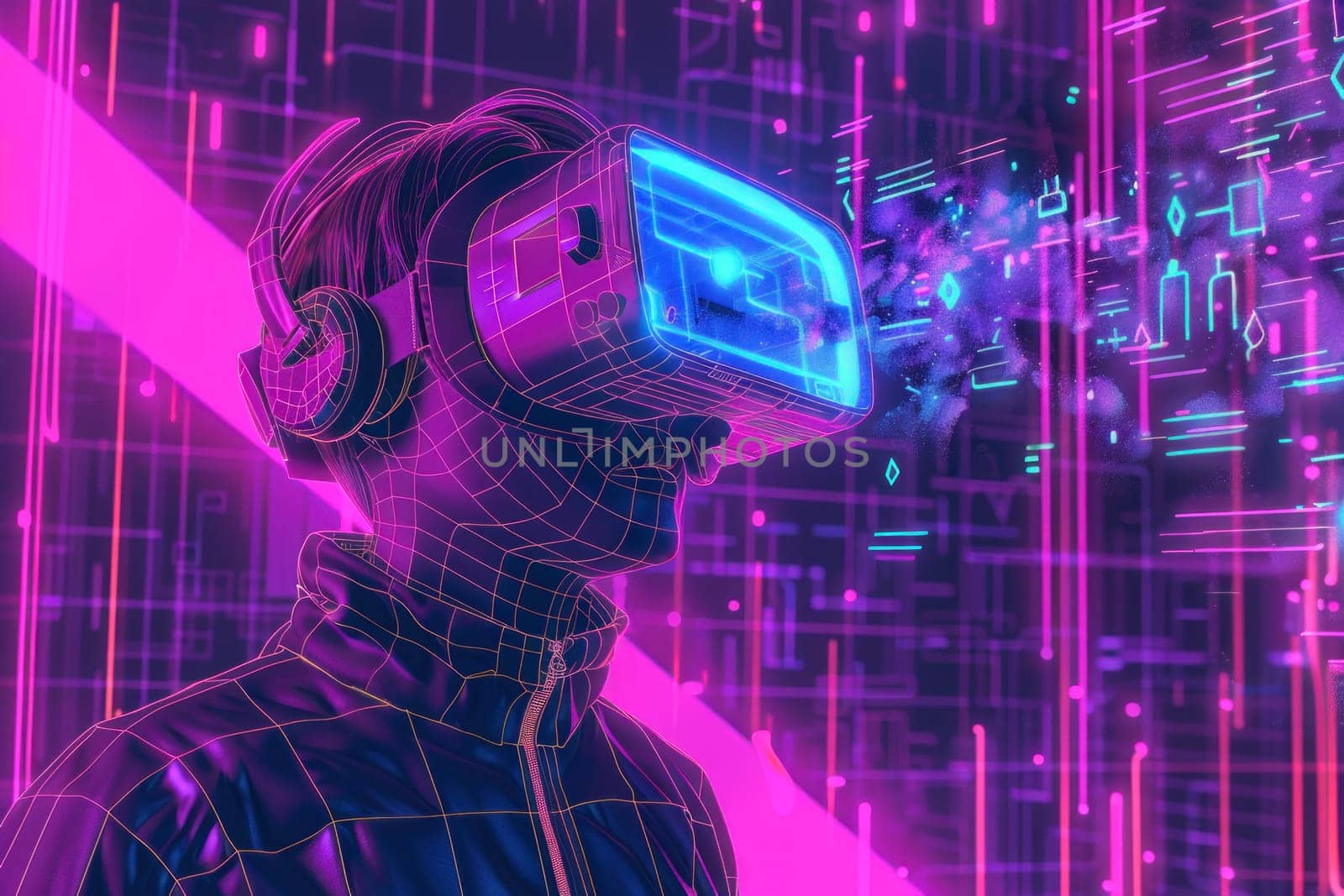 A character in VR glasses in neon space in the style of halftone pattern. Generative AI.