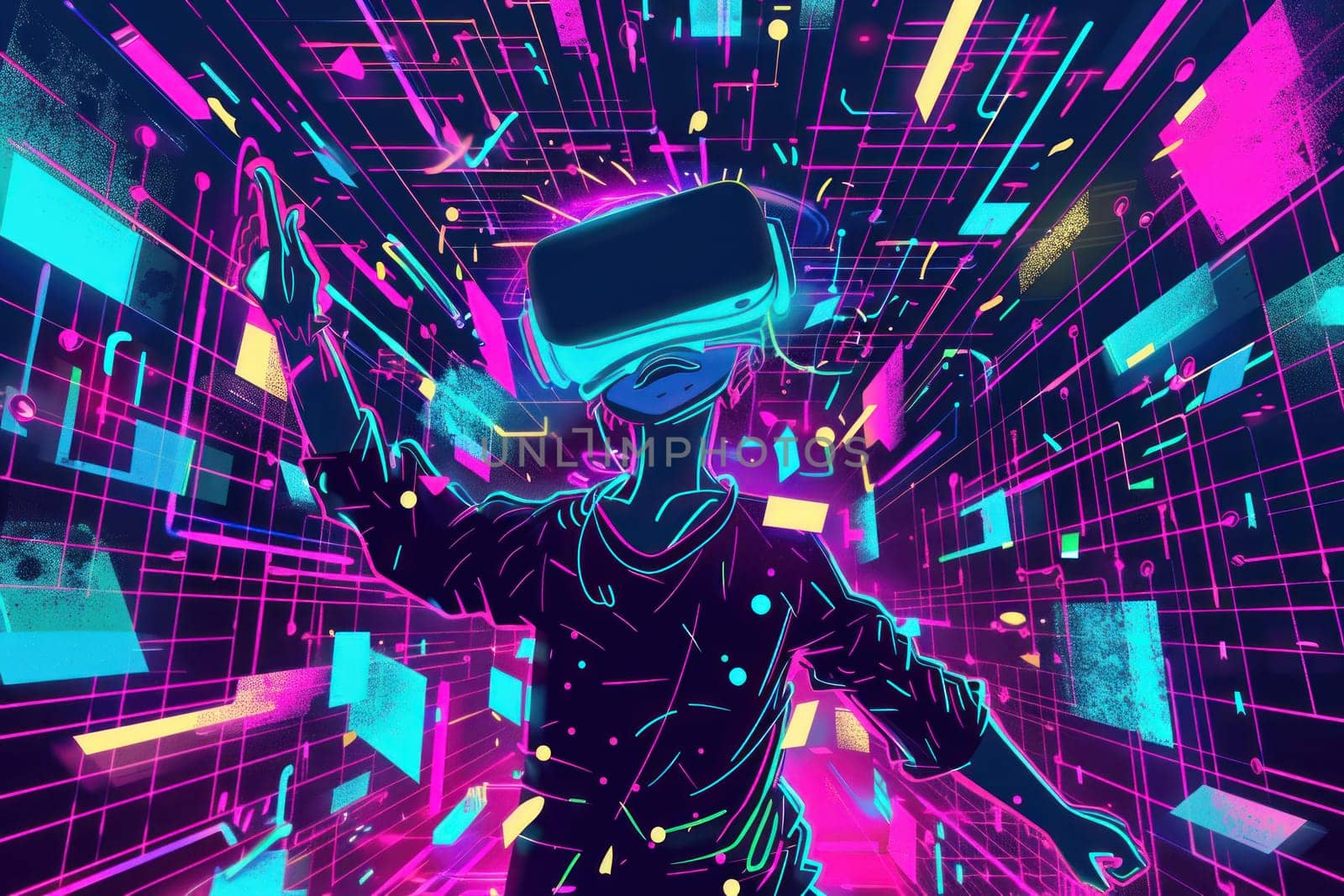 A character in VR glasses in neon space in the style of halftone pattern. Generative AI.