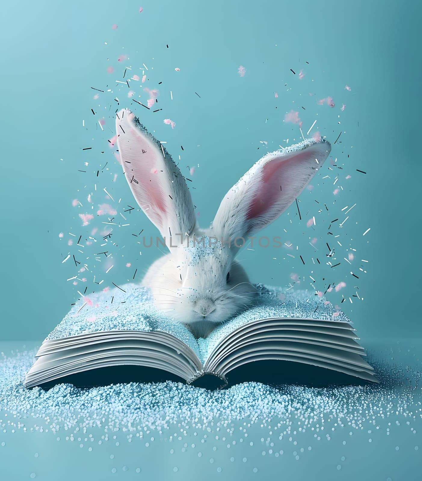 a white rabbit with pink ears is sitting on top of an open book by Nadtochiy