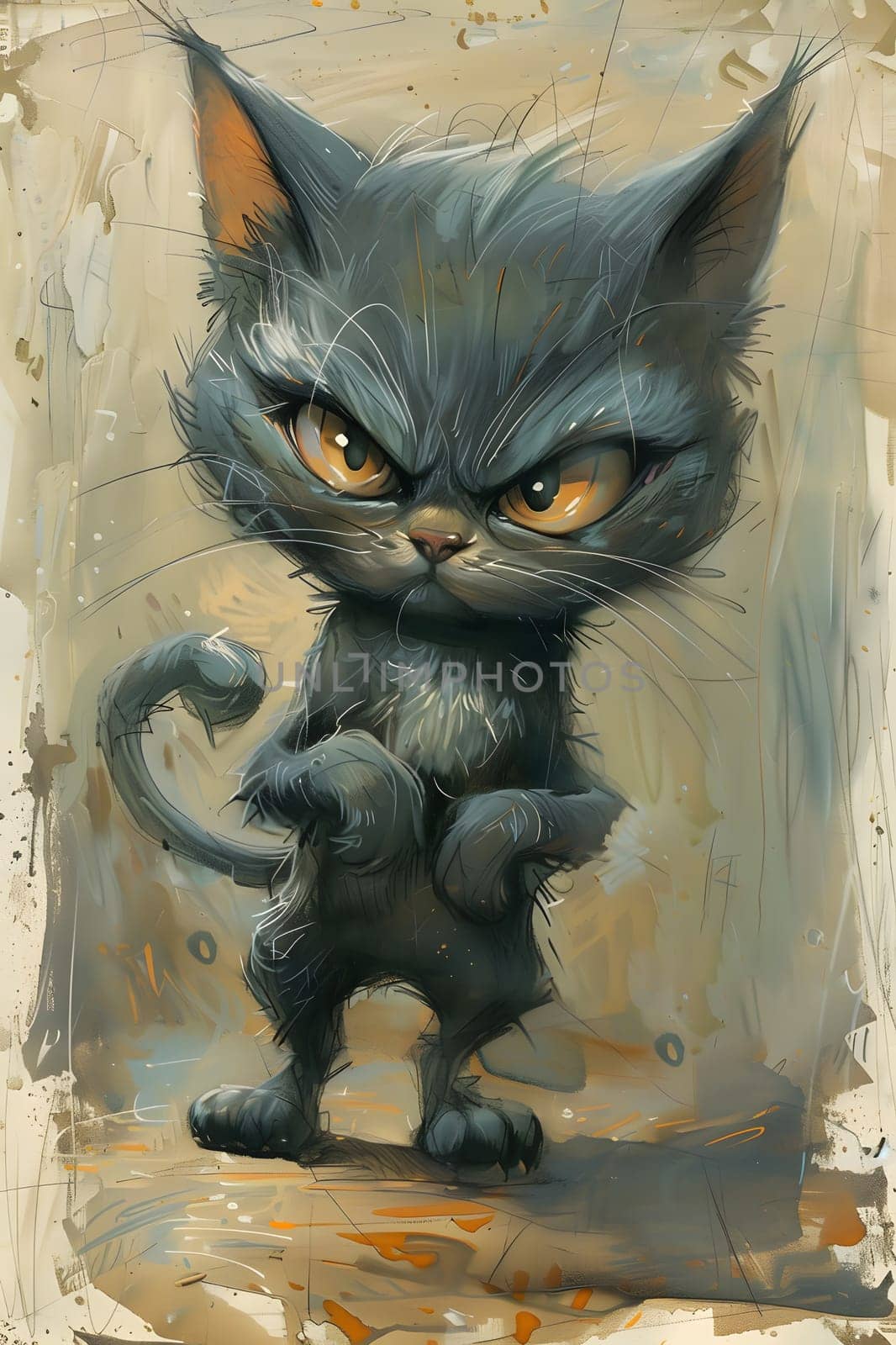A painted angry black Felidae species standing on hind legs by Nadtochiy