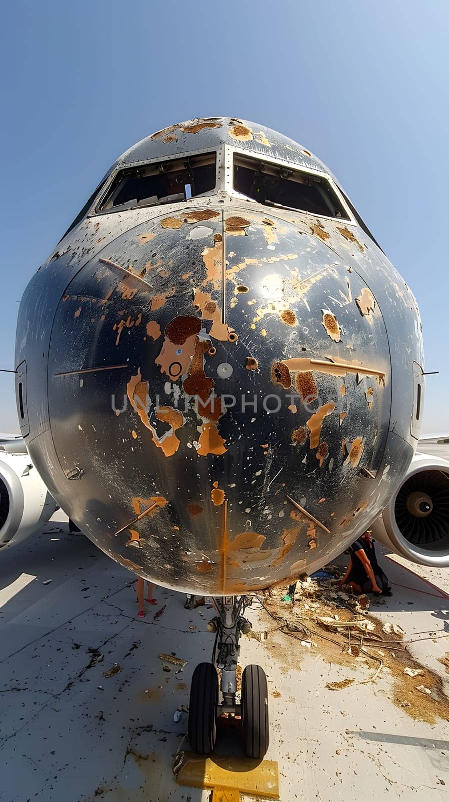 A close up of a rusty aircraft against a blue sky, showcasing the intersection of science, art, and history. This artifact of the world of aviation captures a moment in time