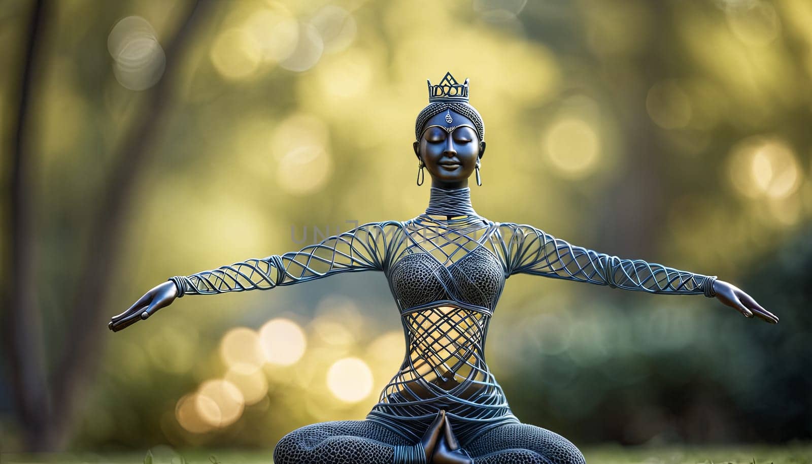Woman in yoga pose, bent wire figure on nature backdrop, Creative figures symbol of tranquility, art and serenity intersection