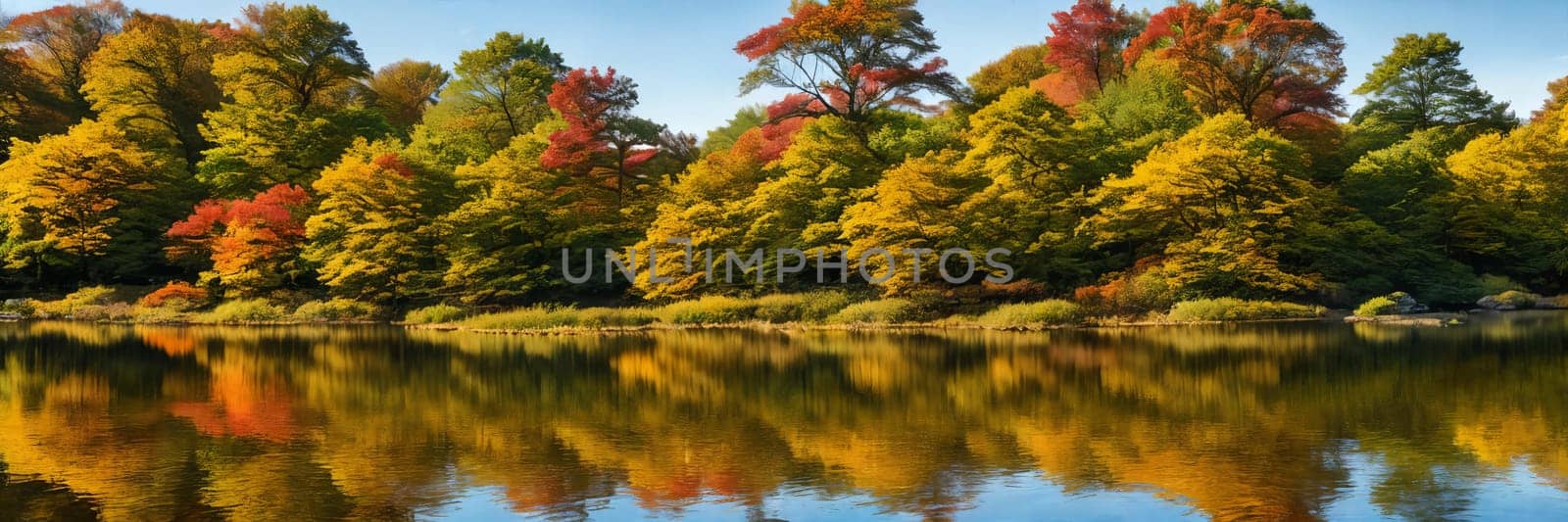 Colorful palette of autumn, focusing on a tranquil lake reflecting the vibrant foliage by GoodOlga