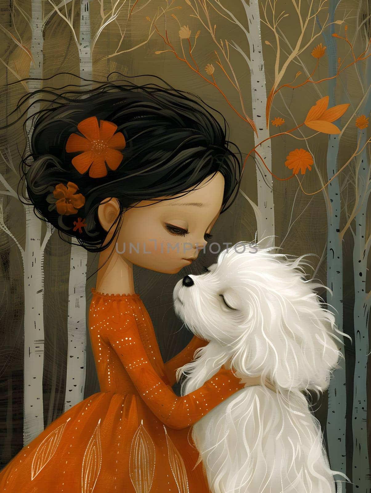 A girl with black hair is embracing a white dog while holding a flower toy. She looks like a doll with eyelash extensions and an orange dress with a fawn print, creating a beautiful piece of art