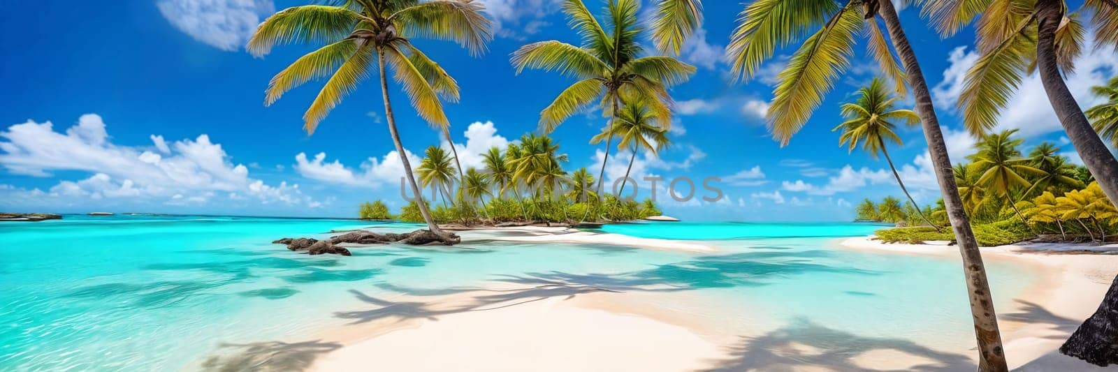 Tropical paradise of a pristine beach, with crystal-clear turquoise waters and palm trees swaying gently in the breeze