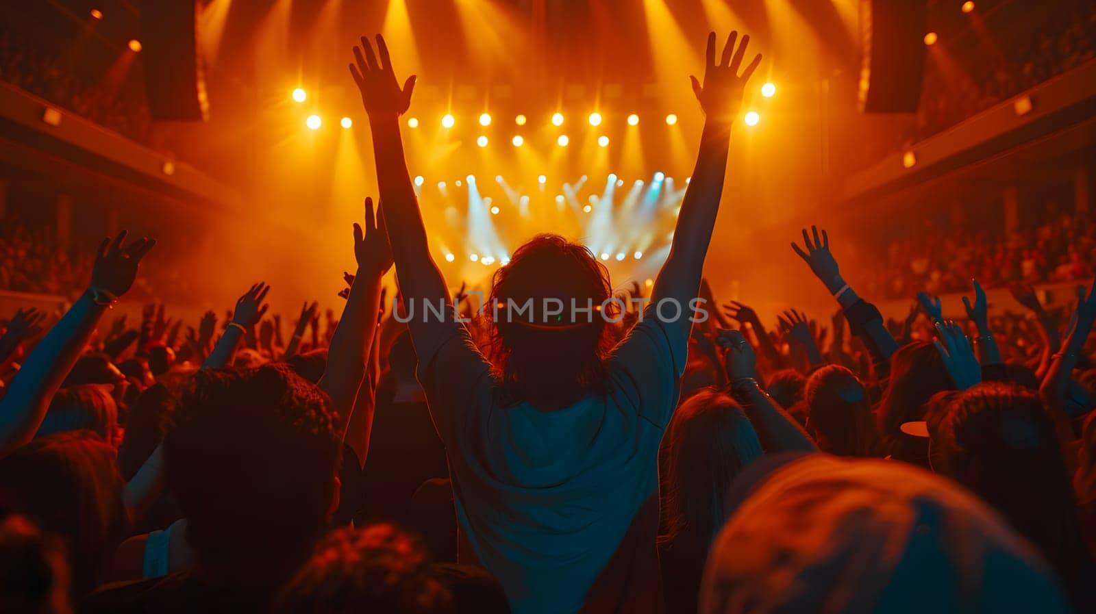 A social group is having fun at an entertainment event under the orange sky, with hands in the air, enjoying a concert at a music venue