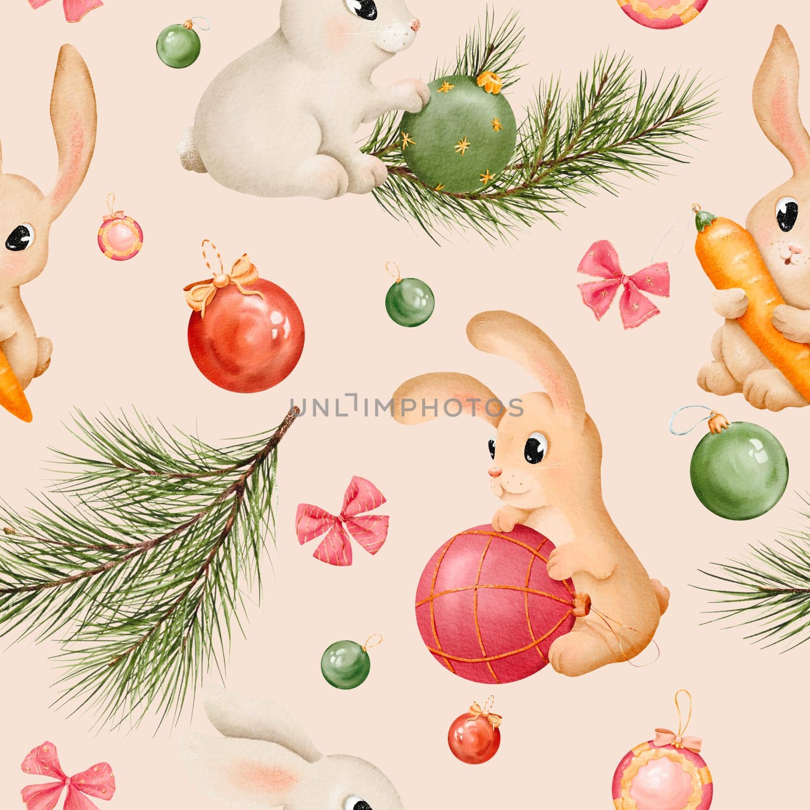 Seamless pattern. Pink background. Bunny and rabbit with Christmas toys watercolor set. Hand drawn animals in different color. hare illustration element. Cute characters for Christmas, New Year.Green by Art_Mari_Ka