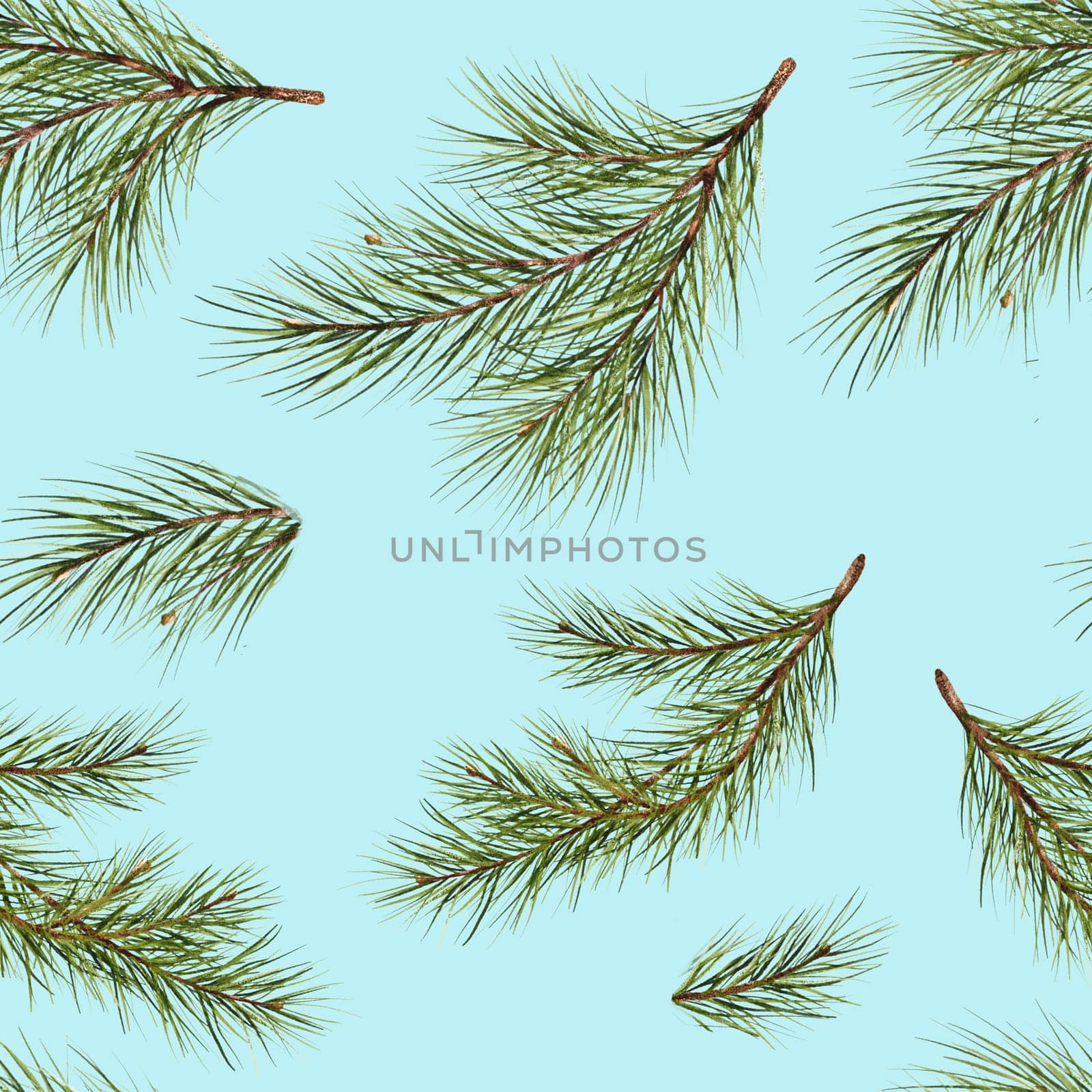 seamless pattern. Blue background. Pine branch watercolor isolated illustration. green natural forest christmas tree. needles branches greenery hand drawn. fir branch. holiday celebration new year by Art_Mari_Ka