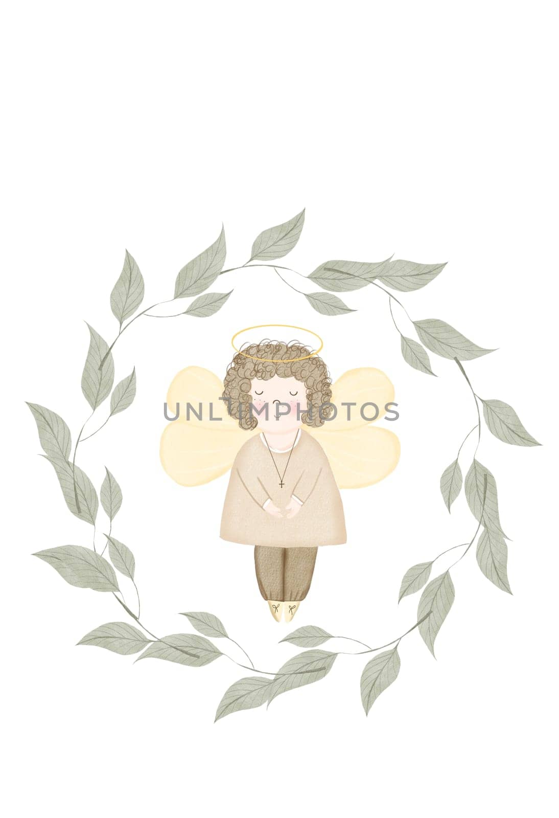 Angel framed by branches. Watercolor card template with cute boy with wings. Round wreath of green branches with leaves. Clip art on a white background for the design of cards for baby's baptism, Easter and birth. High quality illustration