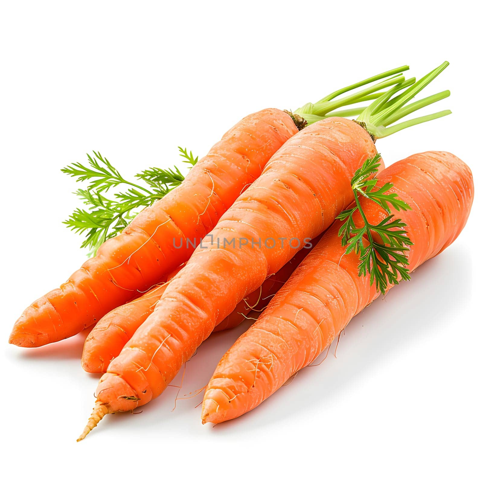 Food Three carrots, a root vegetable, with green stems on a white background by Nadtochiy