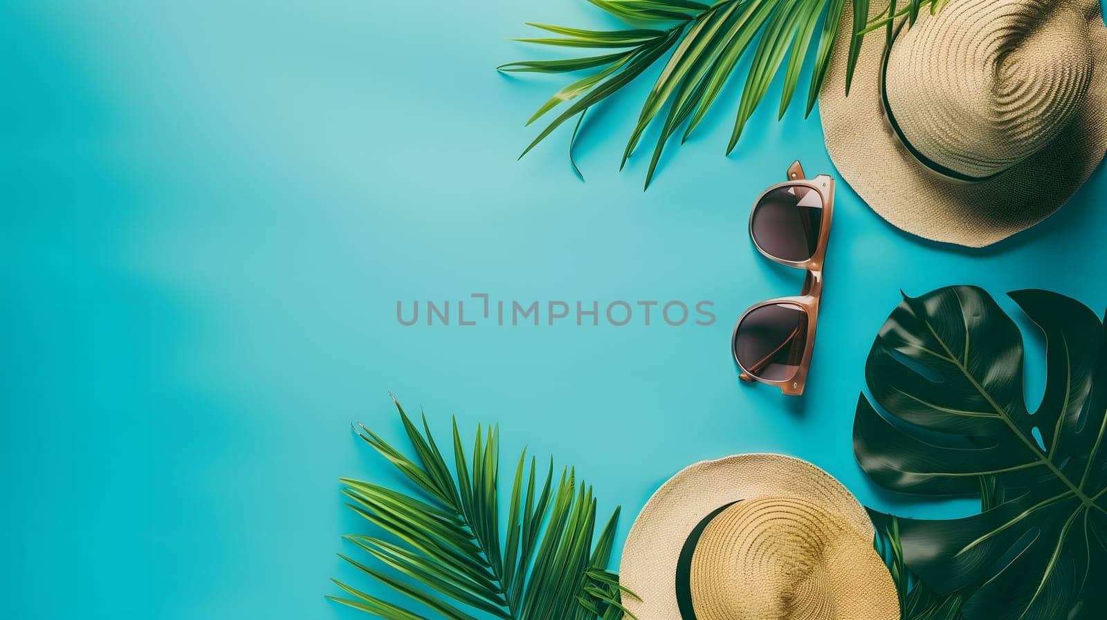 Hats, sunglasses, palm tree leaves on blue background. Blank, top view, still life, flat lay. Sea vacation travel concept tourism and resorts. Summer holidays. by z1b