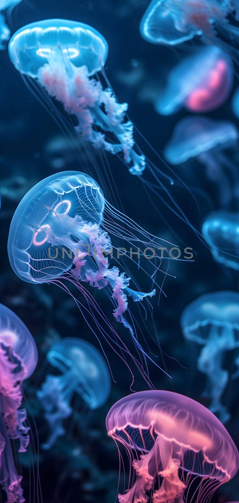 glowing sea jellyfishes on dark background, neural network generated image by z1b