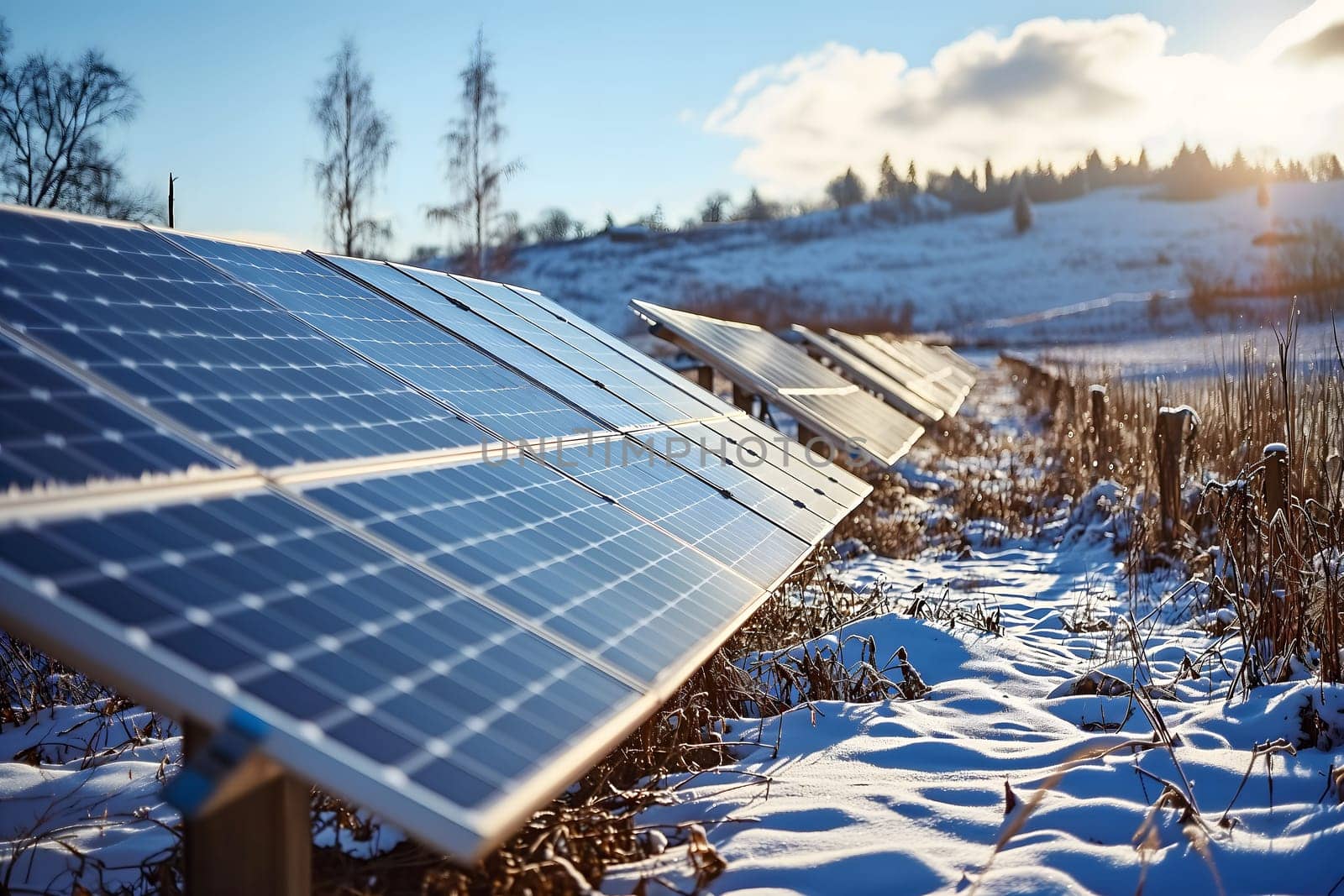 Photovoltaic solar panels in the field at winter sunset or sunrise. Neural network generated in January 2024. Not based on any actual scene or pattern.