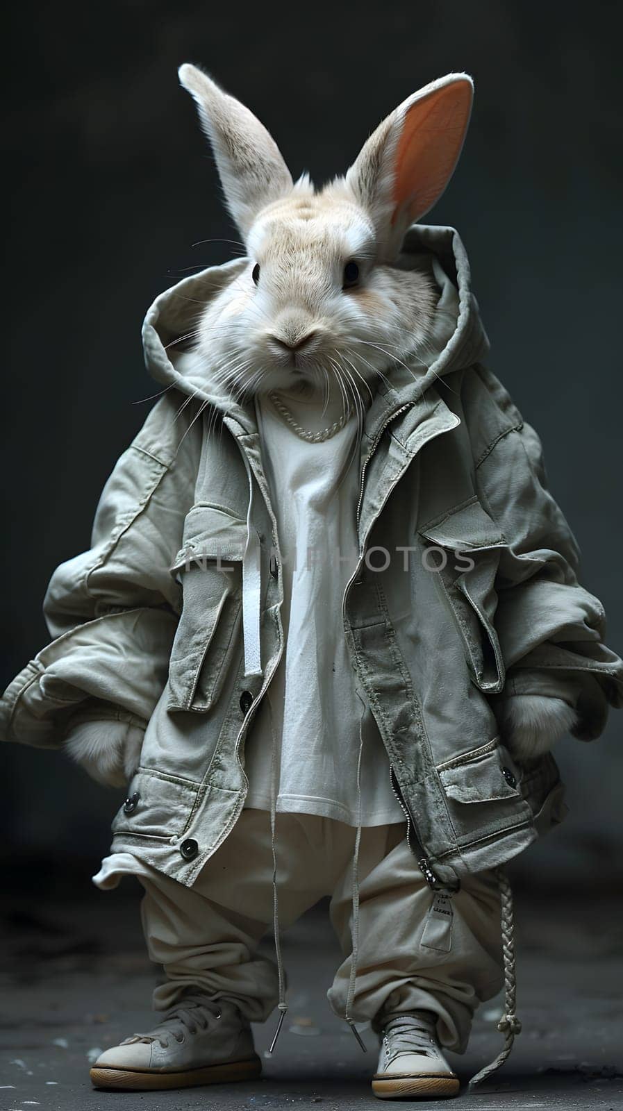 A rabbit is adorned in a jacket and pants, showcasing a unique artistic gesture. This mythical creature, resembling a fictional character, stands out among terrestrial animals