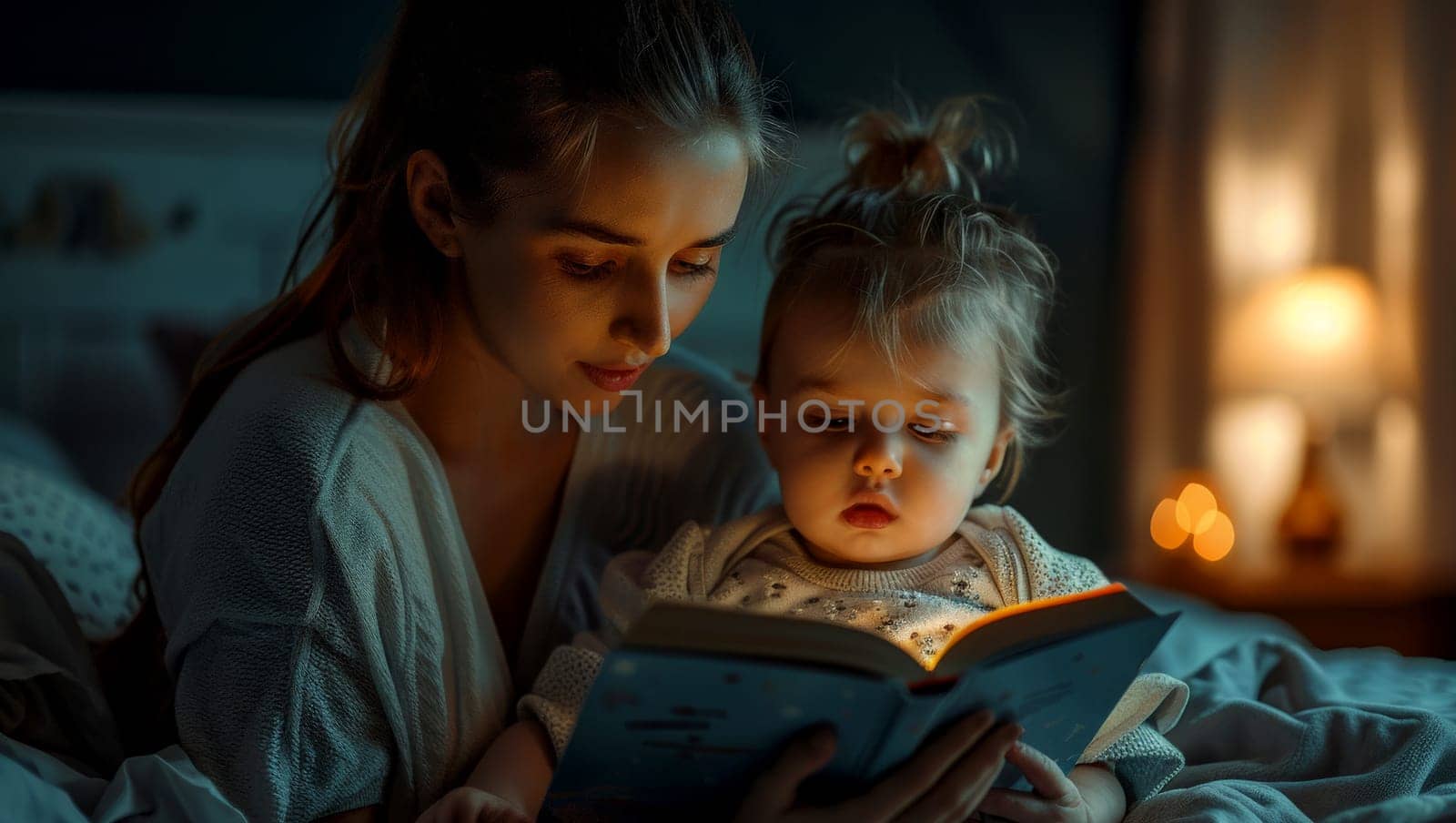 Cute children baby and mother reading book . Education learning concept. AI generative by matamnad