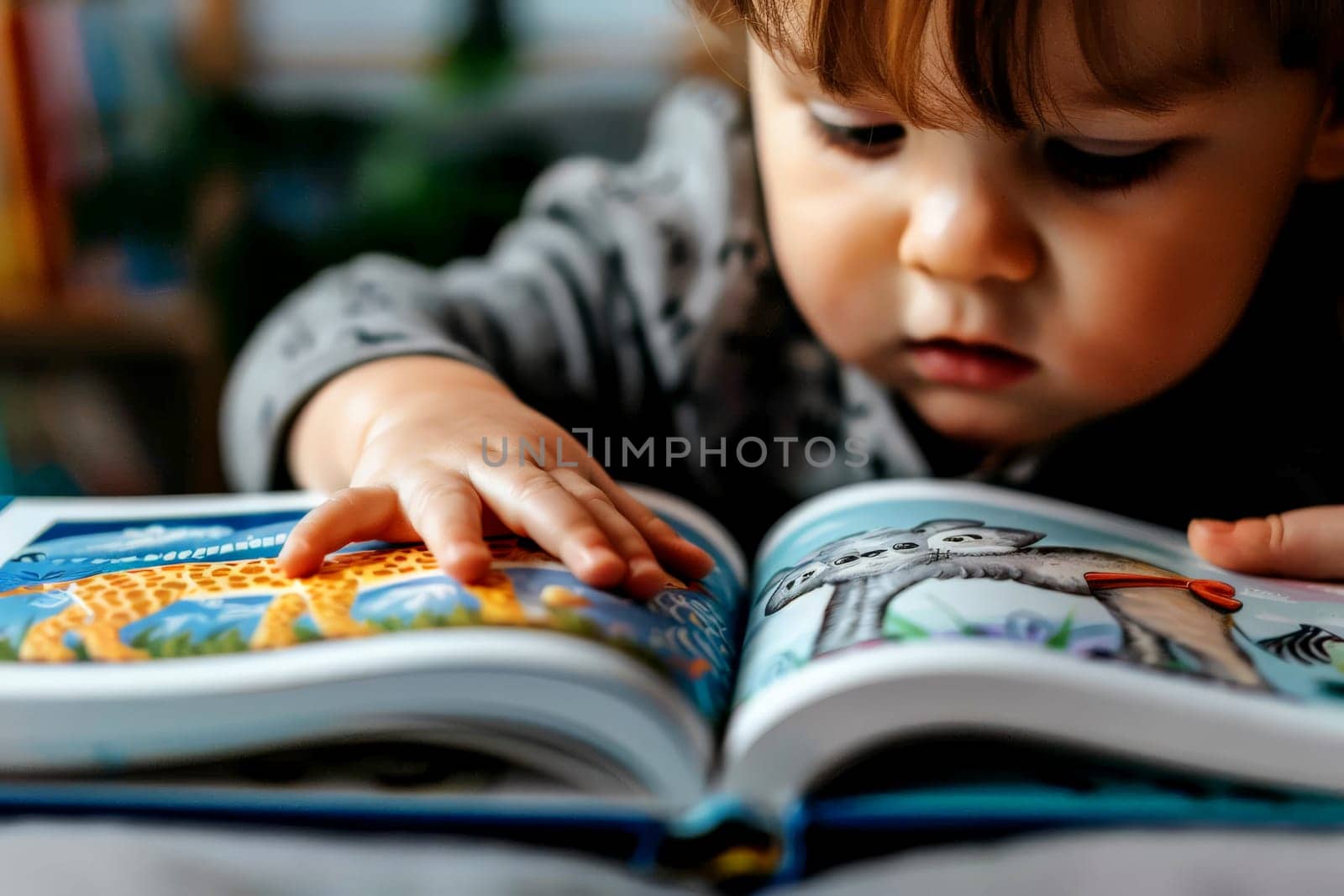 Cute children baby reading book . Education learning concept. AI generative.